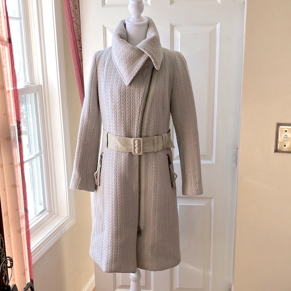 Mackage Virgin Wool Blend Woven Coat Leather Trim Light Gray Size M